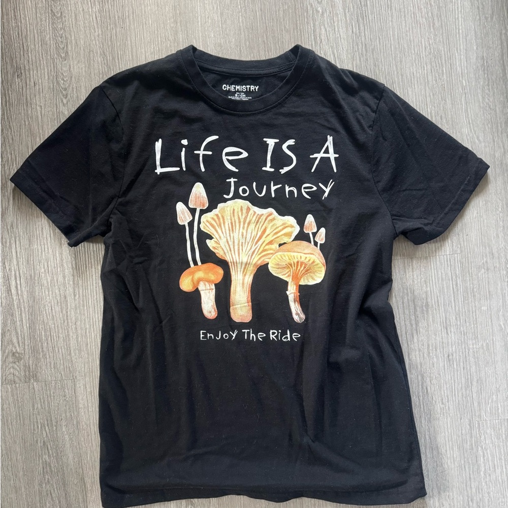 Chemistry / Black Graphic Tee with Mushroom Design